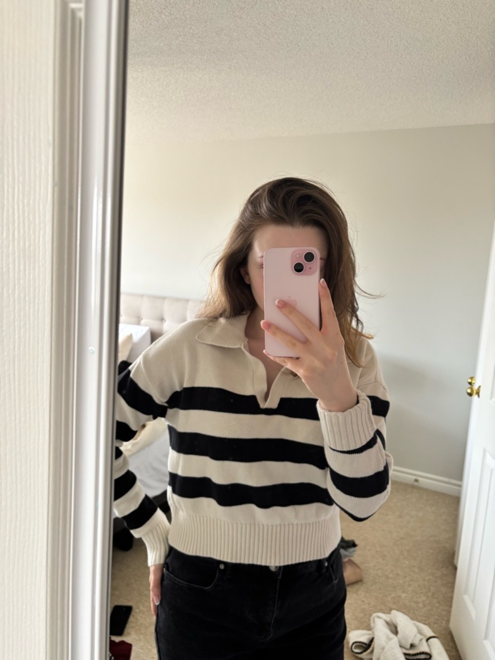 Striped Collared Pullover Sweater - Cream & Black